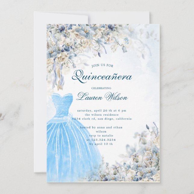 Quinceañera Invitación de color azul polvoriento (Anverso)