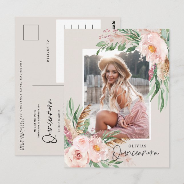Quinceañera Invitación de cumpleaños a la foto gir (Anverso / Reverso)
