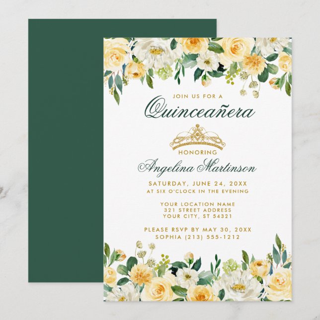 Quinceanera Invitación de la Corona de Oro Verde A (Anverso / Reverso)