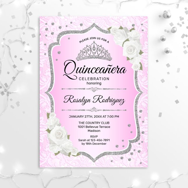Quinceanera - Invitación de plata rosa (Subido por el creador)