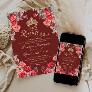 Quinceanera - Invitación de Rosa de oro rojo