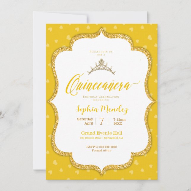 Quinceanera - Invitación del corazón amarillo y do (Anverso)