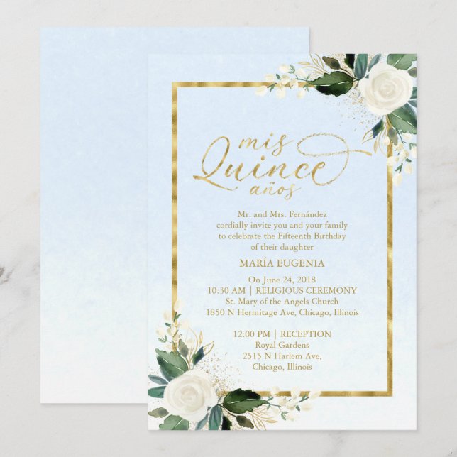Quinceanera Invitación Dusty Relieve metalizado do (Anverso / Reverso)