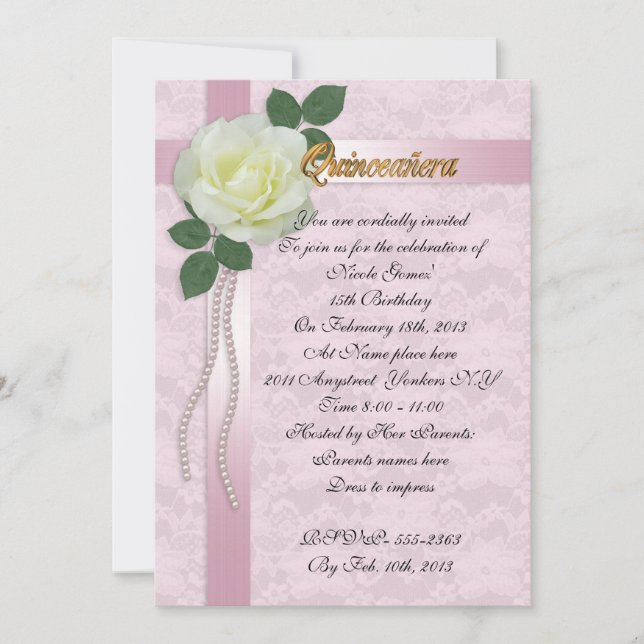 Quinceanera Invitación encaje satinado y rosa blan (Anverso)