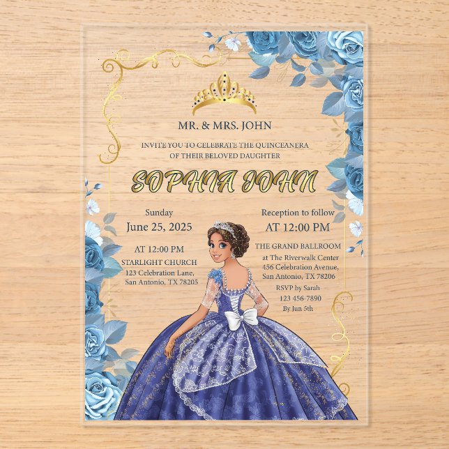 Quinceanera Invitación Esmeralda Azul Vestido Acrí (Anverso)