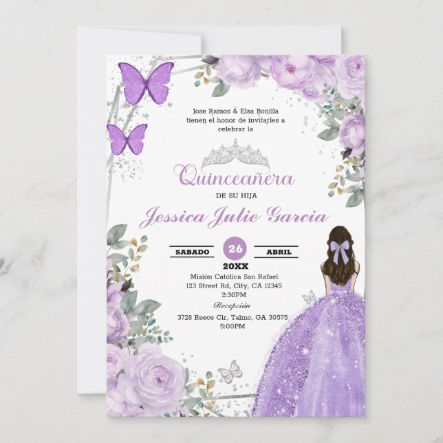 Quinceanera - Invitación Floral Purple Lilac (Anverso)