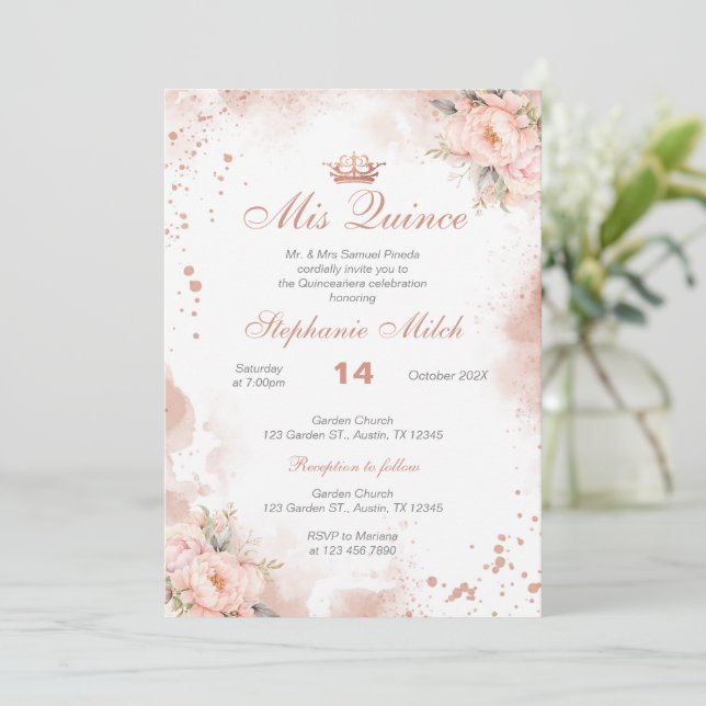 Quinceanera Invitación floral rosa (Anverso de pie)