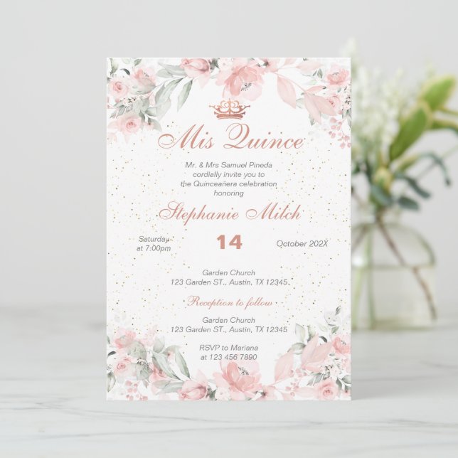 Quinceanera Invitación floral rosa (Anverso de pie)