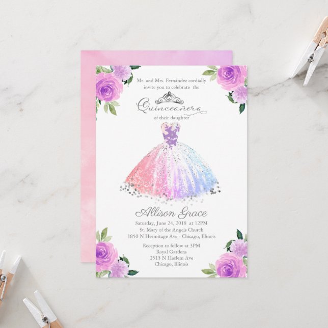 Quinceanera Invitación Guiso Floral de color plate (Anverso/Reverso In Situ)