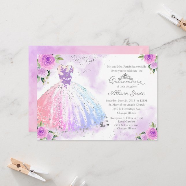 Quinceanera Invitación Plata Pastel Color Gown (Anverso/Reverso In Situ)