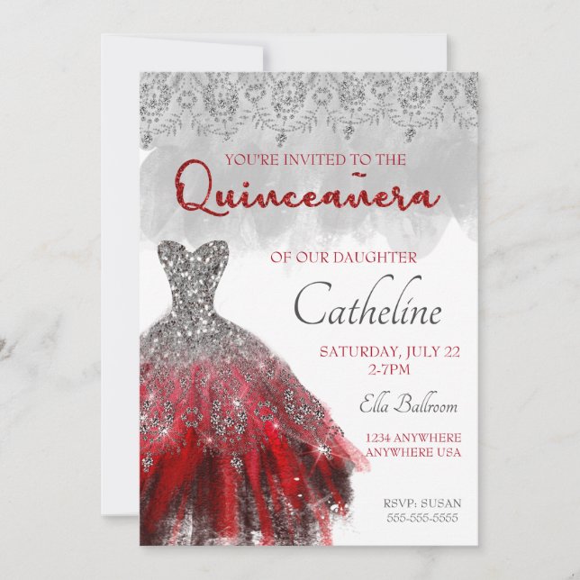 Quinceanera Invitación plata roja 15 años (Anverso)