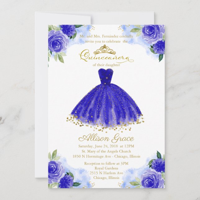 Quinceanera Invitación Relieve metalizado dorado V (Anverso)