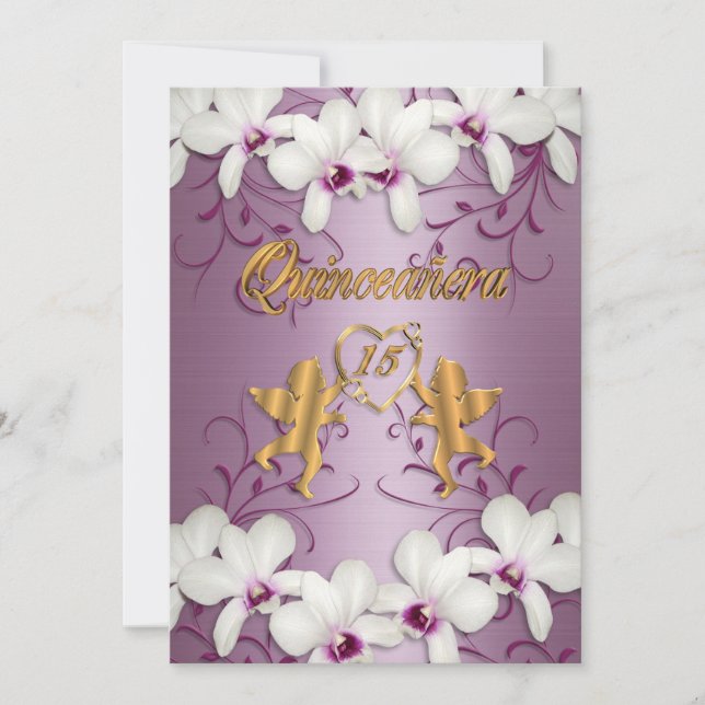Quinceanera Invitación satin orquídeas blancas (Anverso)