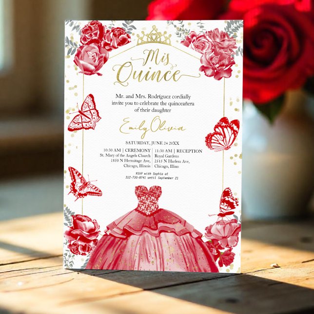 Quinceanera Invitación Vestido Rojo Relieve metali (Subido por el creador)