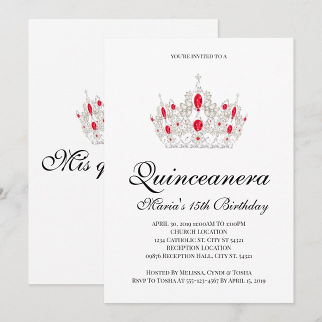 Quinceañera, invitaciones rojas (Anverso / Reverso)