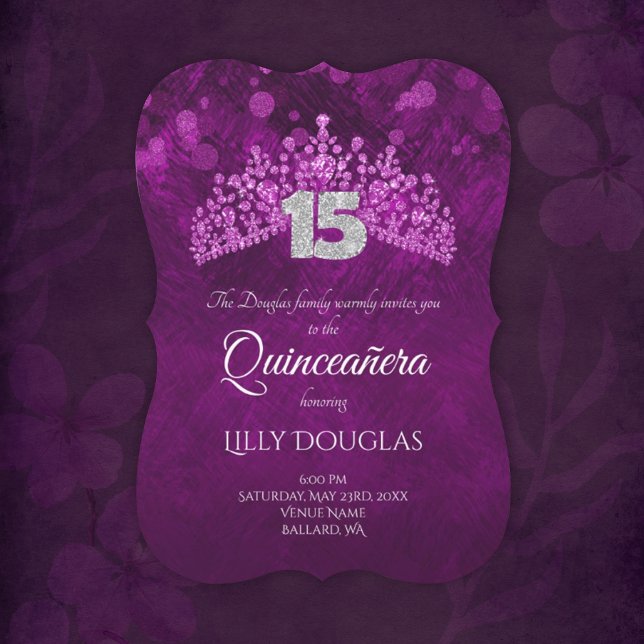 Quinceanera morada y rosa con invitación a Tiara (violet purple pink quinceanera invitation with silver glitter 15 and pink tiara, gemstone crown)