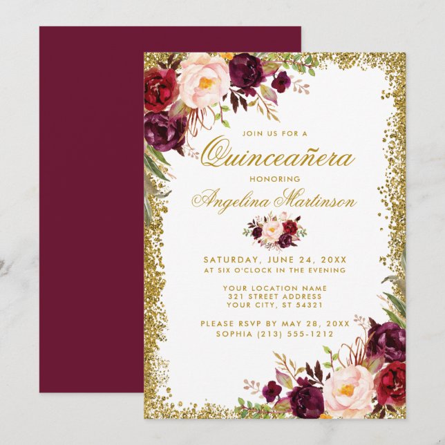 Quinceanera Purpurina de oro Borgoña Invitación fl (Anverso / Reverso)
