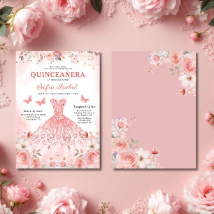 Quinceañera Rosa Rosado Floral Agradecimiento