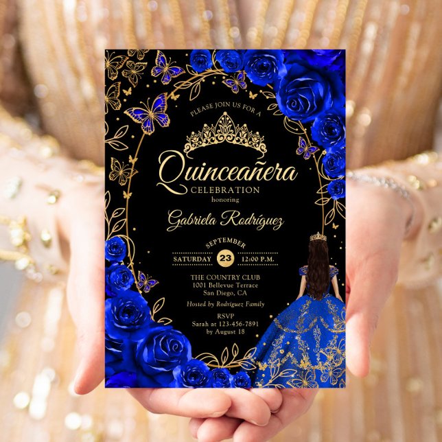 Quinceanera Royal Blue Gold Invitación negra (Subido por el creador)