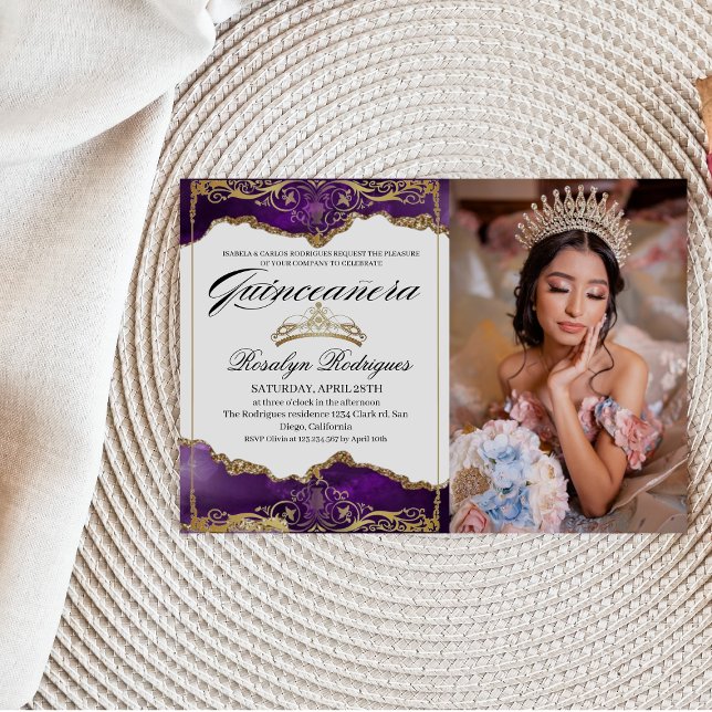 Quinceanera Royal Purple Gold | Invitación a la fo (Subido por el creador)
