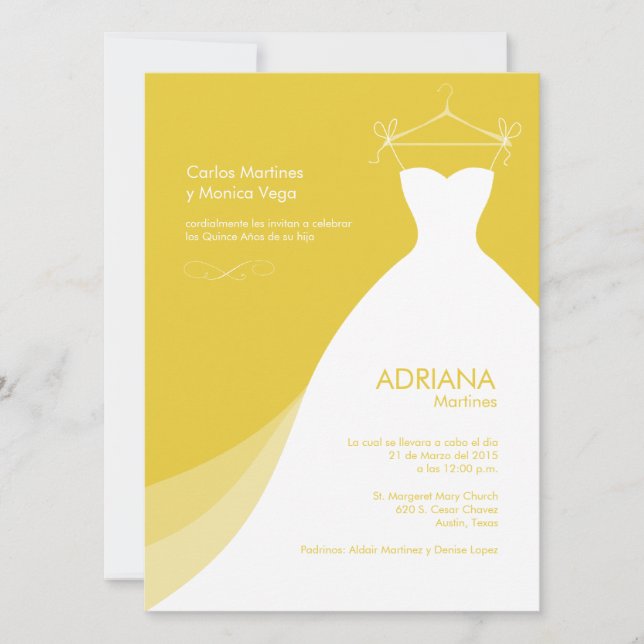 Quinceañera Vestido Amarillo Invitaciones (Anverso)