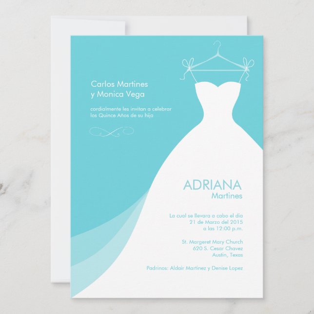 Quinceañera Vestido Azul Invitaciones (Anverso)