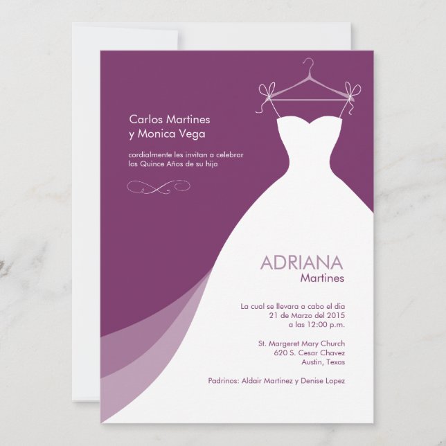 Quinceañera Vestido Púrpura Invitaciones (Anverso)