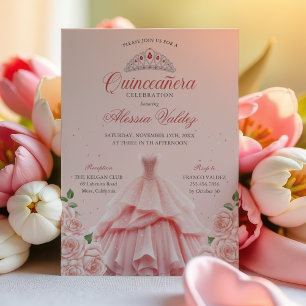 Quinceanera Vestido Rosa Plata Invitación Floral