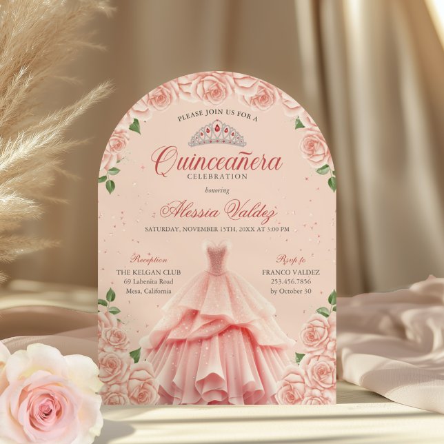 Quinceanera Vestido Rosa Plata Invitación Floral (Subido por el creador)