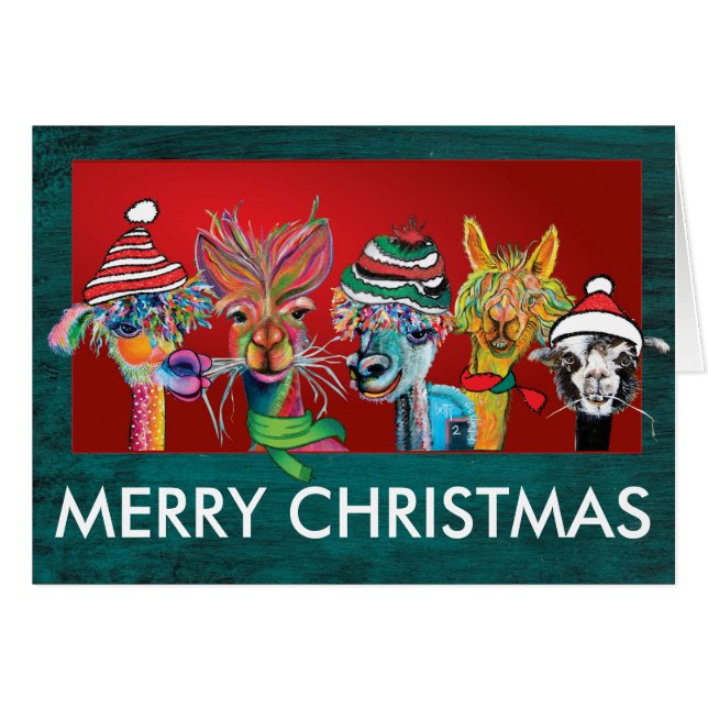 Quirky Alpacas Feliz tarjeta de Navidad 19-2 (Anverso (Horizontal))