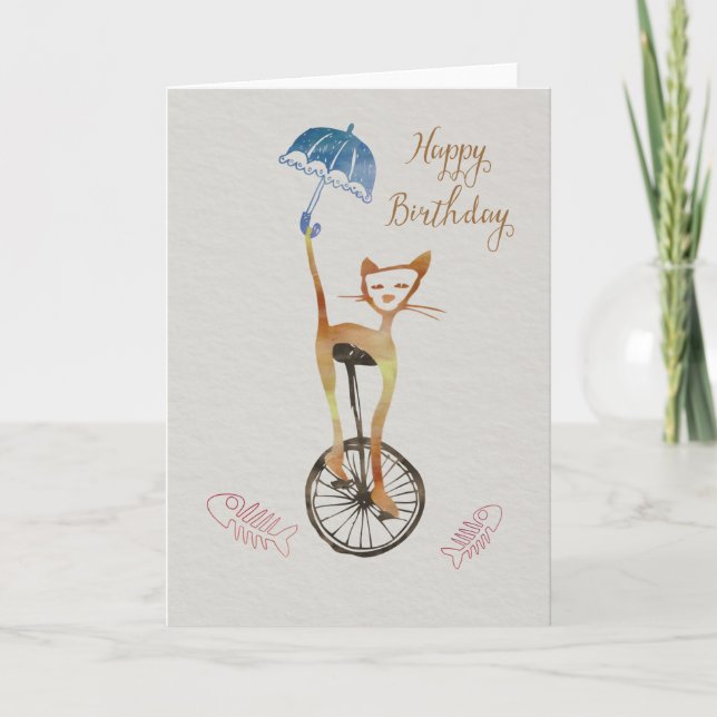 Quirky cat en una tarjeta de cumpleaños de unicycl (Anverso)