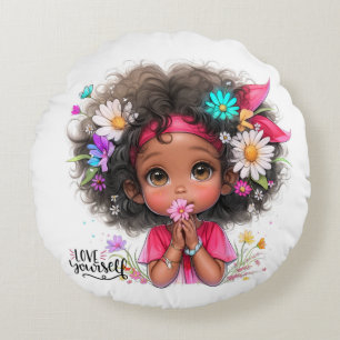 Quirky Chica te quiere a ti misma almohada redonda