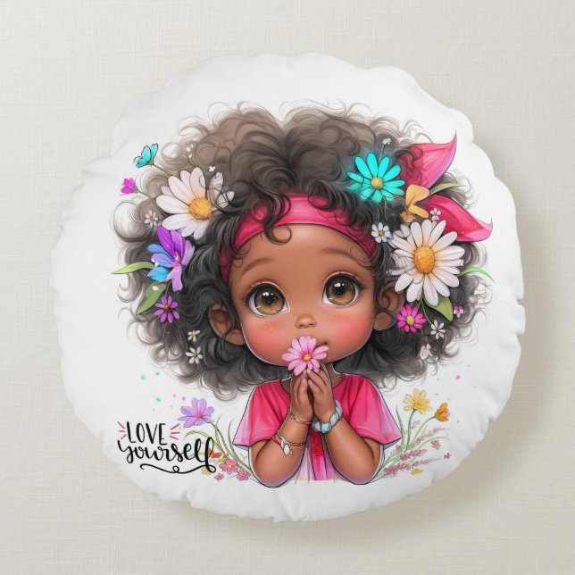 Quirky Chica te quiere a ti misma almohada redonda (Anverso)