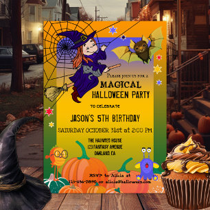 Quirky Cute Witch Kids Halloween Party Invitación