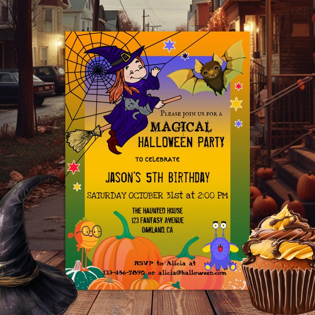 Quirky Cute Witch Kids Halloween Party Invitación (A magical Halloween party invitation featuring a witch with her frightened kitty flying on her broom)
