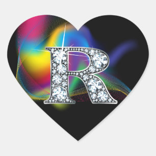"R" Diamond Bling on Rainbow Swirl Heart Pegatina