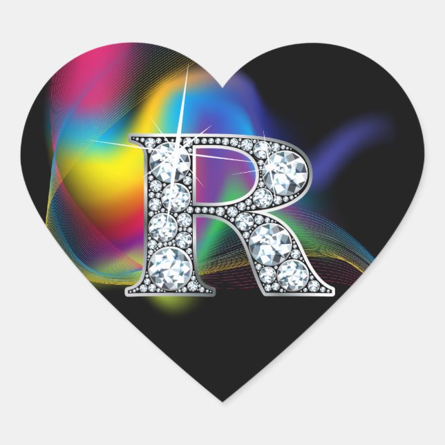 "R" Diamond Bling on Rainbow Swirl Heart Pegatina (Anverso)