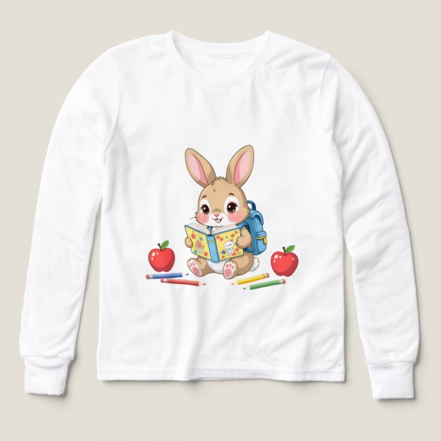 Rabbit reading a book, pencils, apple (Diseño frontal)