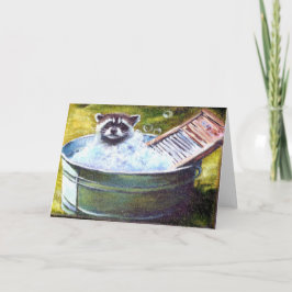 Raccoon Bubble Bath tarjeta de saludo en blanco