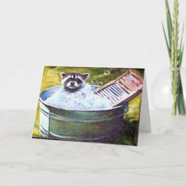 Raccoon Bubble Bath tarjeta de saludo en blanco (Anverso)