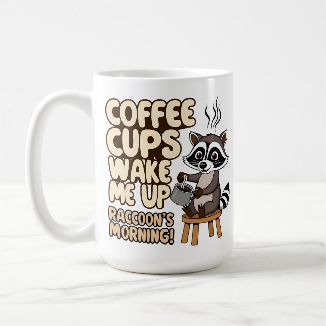 Raccoon divertida mañana con taza de café (Izquierda)