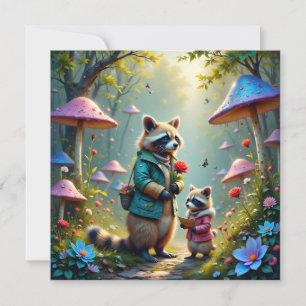 Raccoon madre e hijo camino a un fiesta