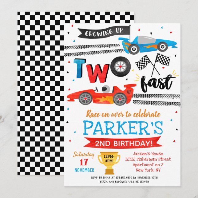  Race Car Dos Invitaciones Rápidas de Fiesta de Cu (Anverso / Reverso)