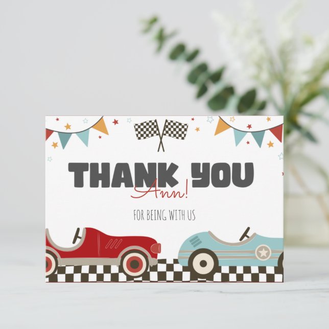 Race Car Two Fast Birday Tarjeta de agradecimiento (Anverso de pie)