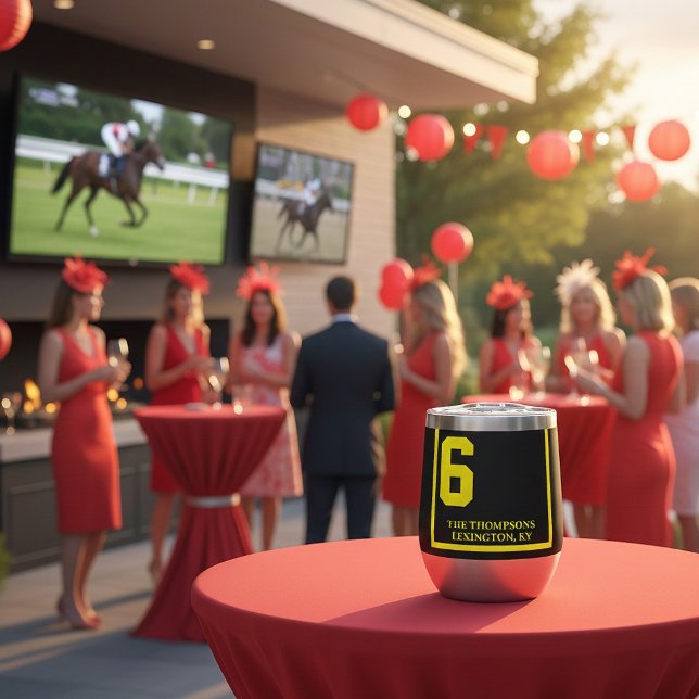 Race Horse 6 Black Personalized Derby (Personalized horse racing saddle cloth thermal wine tumbler. Printed on both sides)