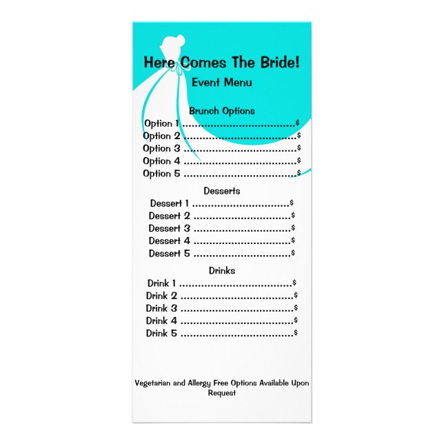 Rackcard del menú de la ducha de novia (Frente)