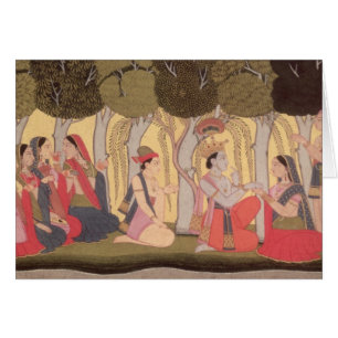 Radha y Krishna asentados en una arboleda, Kulu