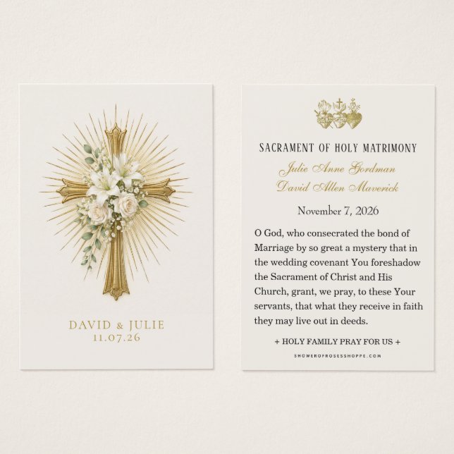 Radiant Gold Cross Wedding Blessing Prayer (Anverso y reverso)
