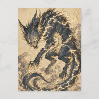 Raiju Cola de Oro Arte de Yokai Japonés Tarjeta Po