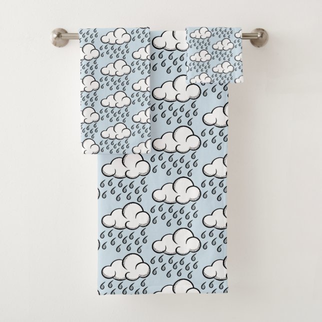 Rain Clouds Illustrated Pattern on Light Blue (In situ)